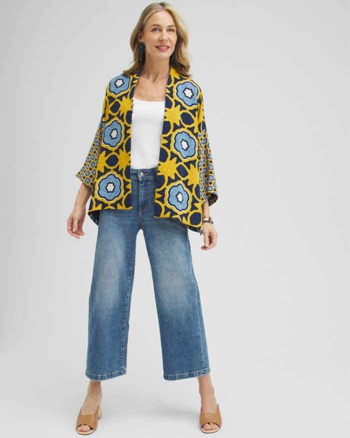 Chicos Geo Print Short Kimono - Blue Echo Chicos Geo Print Short Kimono - Blue Echo