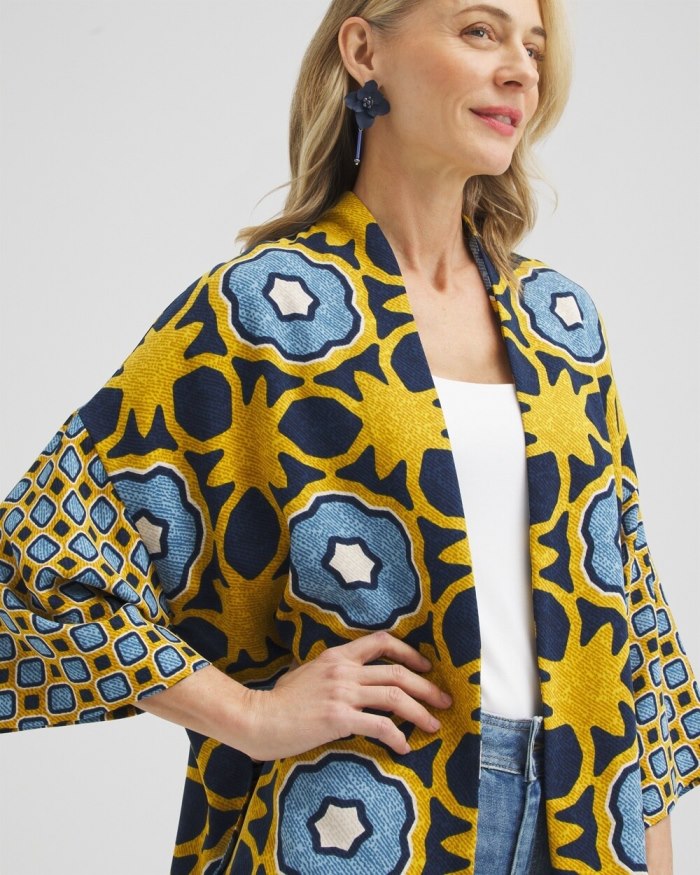 Chicos Geo Print Short Kimono - Blue Echo Chicos Geo Print Short Kimono - Blue Echo