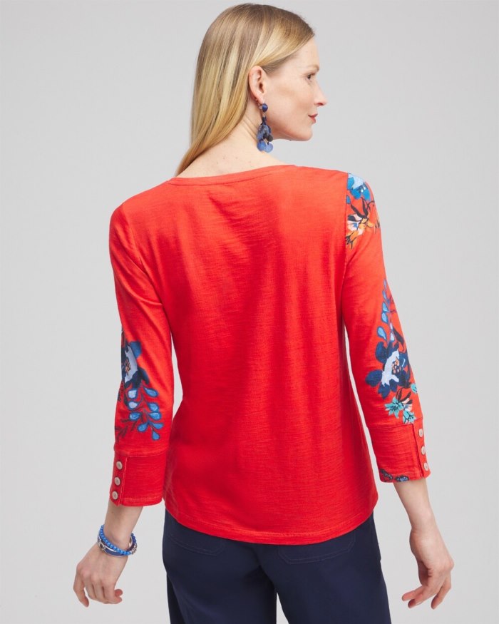 Chicos Floral 3/4 Sleeve Button Tee - Nectarine Chicos Floral 3/4 Sleeve Button Tee - Nectarine