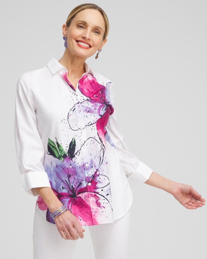 Chicos No Iron Stretch Floral 3/4 Sleeve Shirt - Optic White Chicos No Iron Stretch Floral 3/4 Sleeve Shirt - Optic White