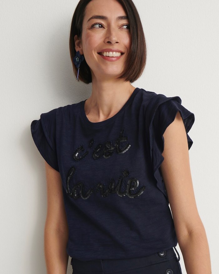 Chicos Tiered Flutter Sleeve Tee - Classic Navy Chicos Tiered Flutter Sleeve Tee - Classic Navy