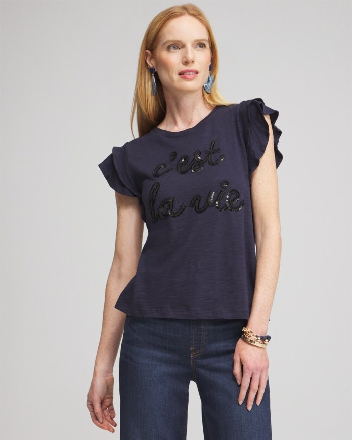 Chicos Tiered Flutter Sleeve Tee - Classic Navy Chicos Tiered Flutter Sleeve Tee - Classic Navy