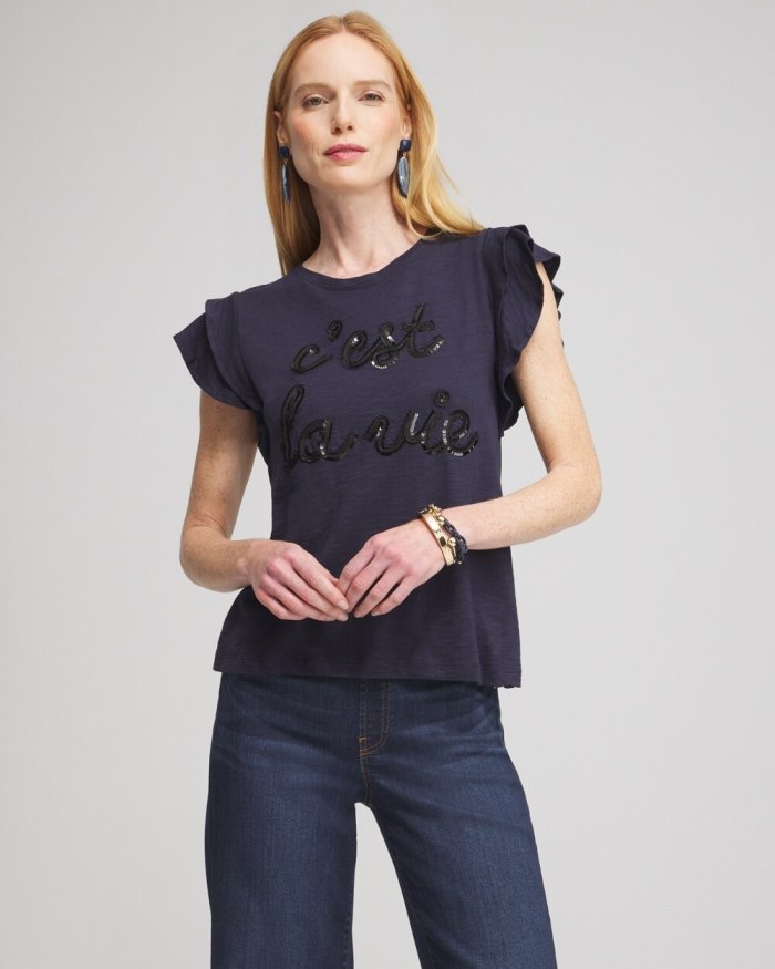 Chicos Tiered Flutter Sleeve Tee - Classic Navy Chicos Tiered Flutter Sleeve Tee - Classic Navy