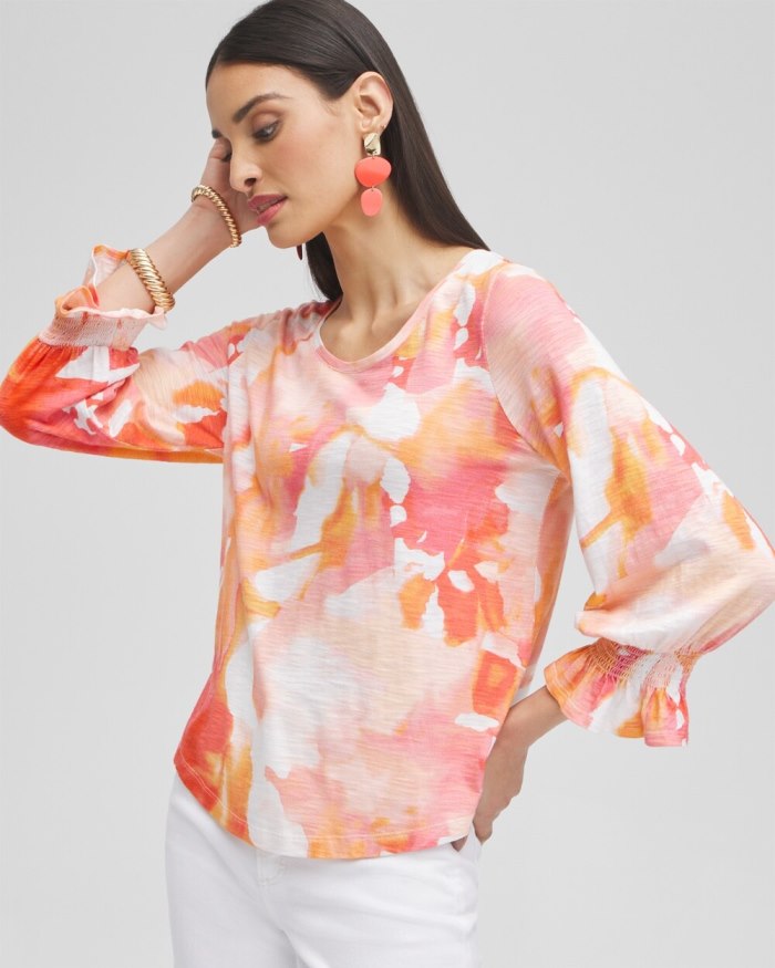 Chicos Watercolor Smocked 3/4 Sleeve Tee - Nectarine Chicos Watercolor Smocked 3/4 Sleeve Tee - Nectarine