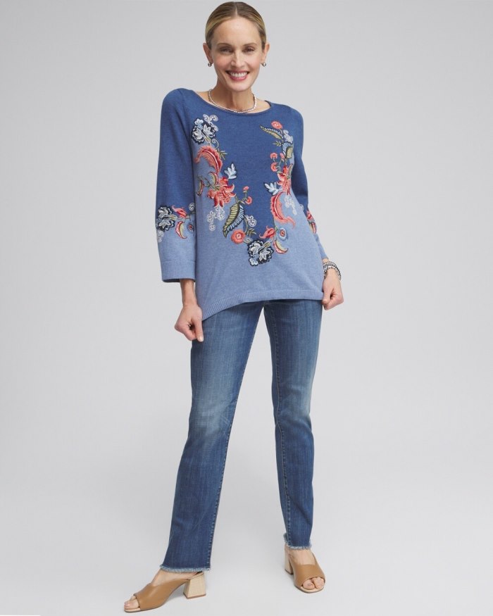Chicos Floral Embroidered Kurta Sweater - Faded Indigo Heather Med Chicos Floral Embroidered Kurta Sweater - Faded Indigo Heather Med