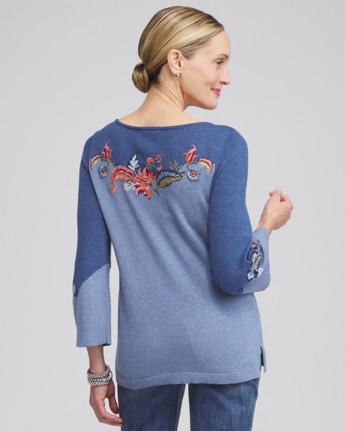 Chicos Floral Embroidered Kurta Sweater - Faded Indigo Heather Med Chicos Floral Embroidered Kurta Sweater - Faded Indigo Heather Med