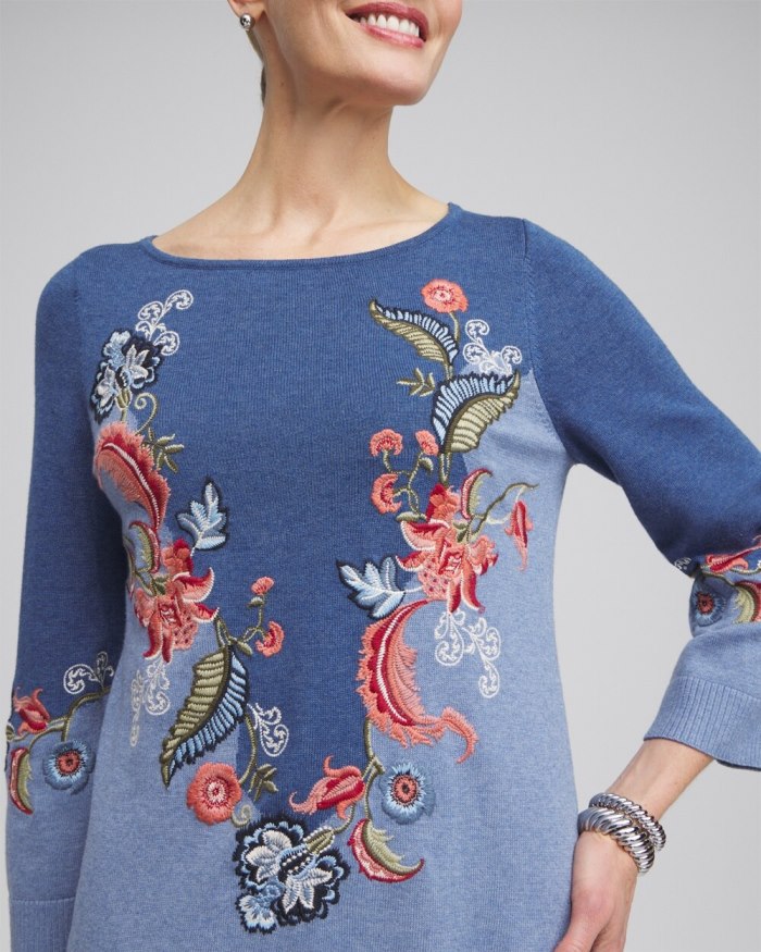 Chicos Floral Embroidered Kurta Sweater - Faded Indigo Heather Med Chicos Floral Embroidered Kurta Sweater - Faded Indigo Heather Med
