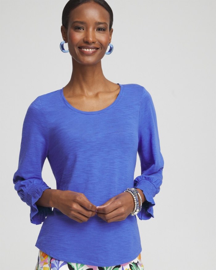 Chicos Smocked 3/4 Sleeve Tee - Purple Nightshade Chicos Smocked 3/4 Sleeve Tee - Purple Nightshade