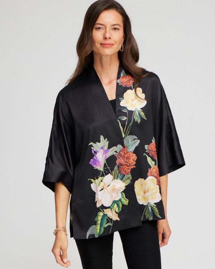 Chicos Floral Short Kimono - Black Chicos Floral Short Kimono - Black