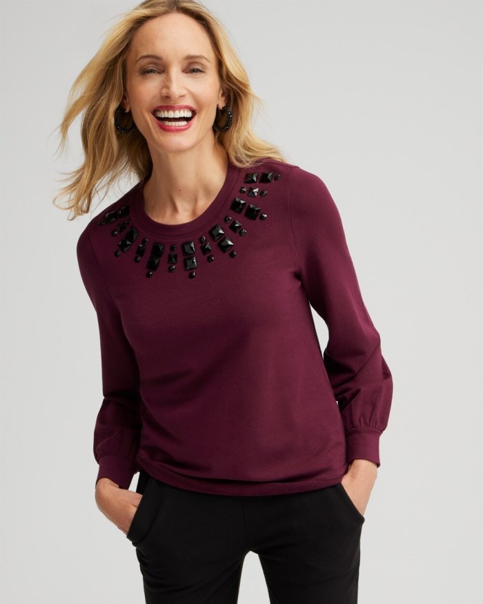 Chicos Zenergy Rhinestone Neck Sweatshirt - Deep Merlot Chicos Zenergy Rhinestone Neck Sweatshirt - Deep Merlot