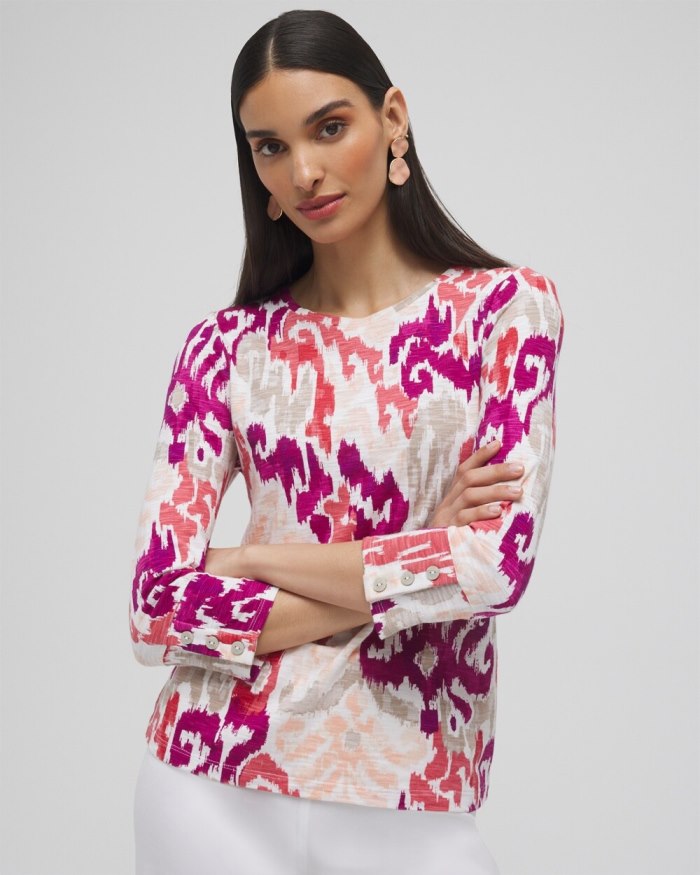 Chicos Ikat 3/4 Sleeve Button Tee - Fresh Plum Chicos Ikat 3/4 Sleeve Button Tee - Fresh Plum