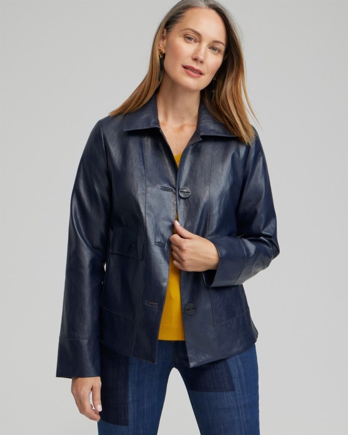 Chicos Faux Leather Cropped Jacket - Constellation Blue Chicos Faux Leather Cropped Jacket - Constellation Blue