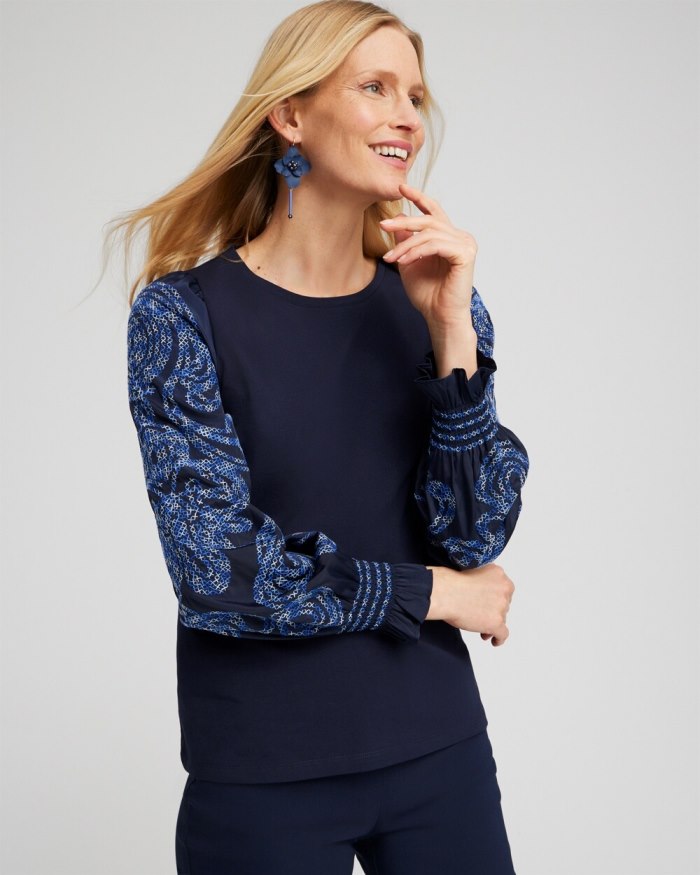 Chicos Embroidered Sleeve Top - Classic Navy Chicos Embroidered Sleeve Top - Classic Navy