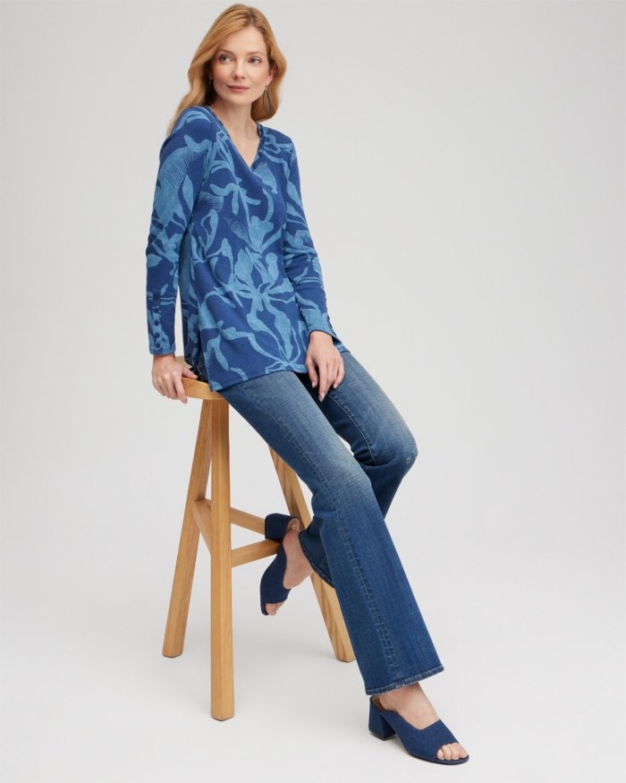 Chicos Abstract Print Button Detail Tunic - Blue Echo Chicos Abstract Print Button Detail Tunic - Blue Echo
