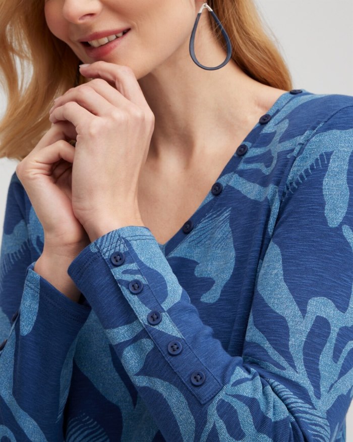 Chicos Abstract Print Button Detail Tunic - Blue Echo Chicos Abstract Print Button Detail Tunic - Blue Echo