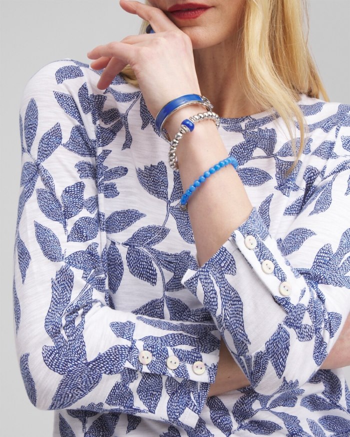 Chicos Leaf Print 3/4 Sleeve Button Tee - Classic Navy Chicos Leaf Print 3/4 Sleeve Button Tee - Classic Navy
