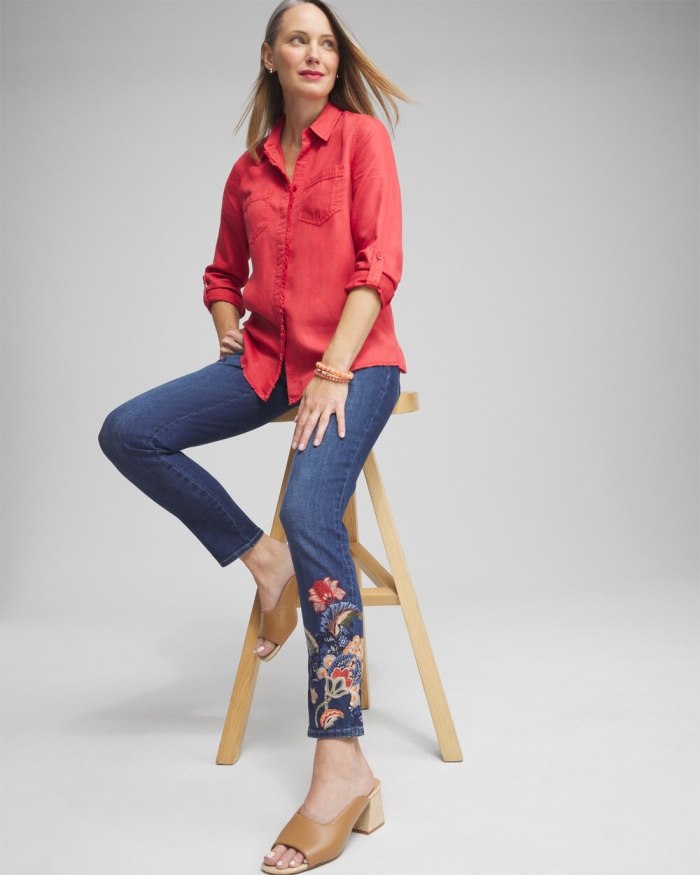 Chicos Embroidered Pull-on Ankle Jeggings - Marina Bay Indigo Chicos Embroidered Pull-on Ankle Jeggings - Marina Bay Indigo