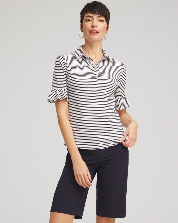 Chicos Zenergy UPF Knit Stripe Ruffle Polo - Classic Navy Chicos Zenergy UPF Knit Stripe Ruffle Polo - Classic Navy