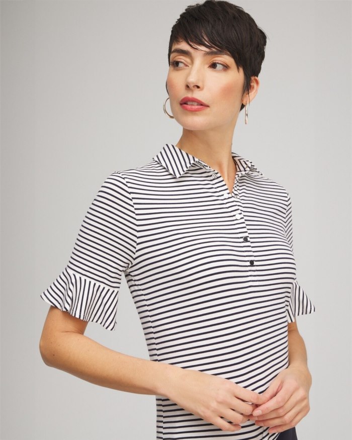 Chicos Zenergy UPF Knit Stripe Ruffle Polo - Classic Navy Chicos Zenergy UPF Knit Stripe Ruffle Polo - Classic Navy