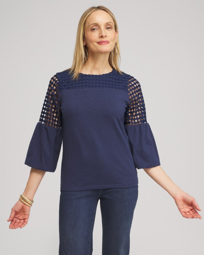 Chicos Faux Denim Lace Mix Top - Dark Denim Chicos Faux Denim Lace Mix Top - Dark Denim