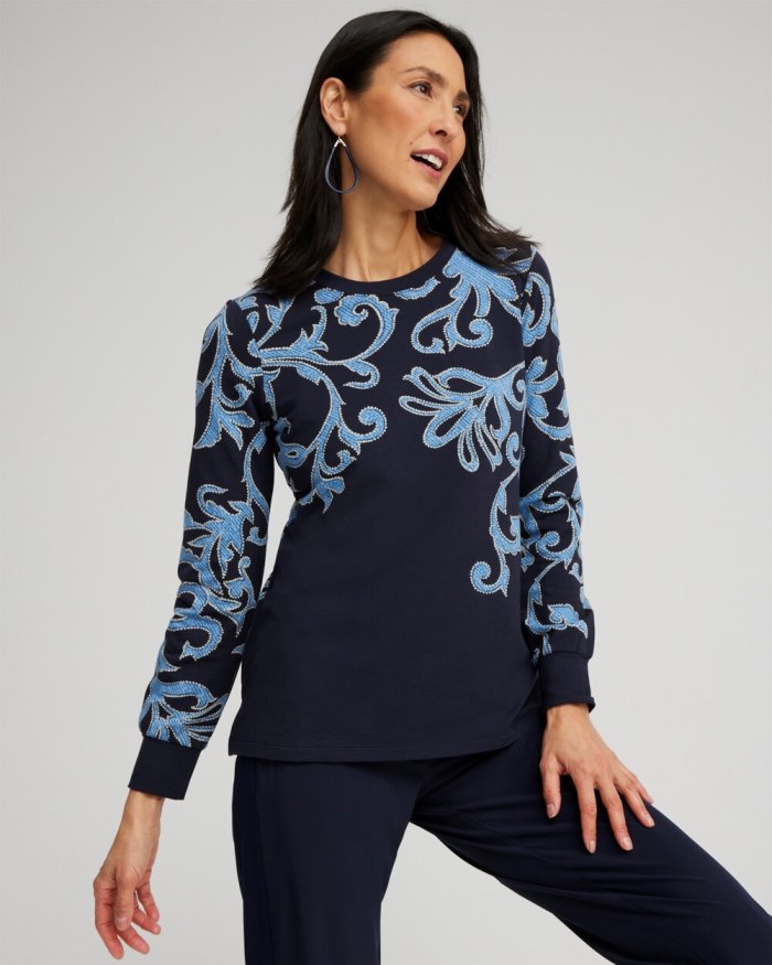 Chicos Zenergy Scroll Print Pullover - Classic Navy Chicos Zenergy Scroll Print Pullover - Classic Navy