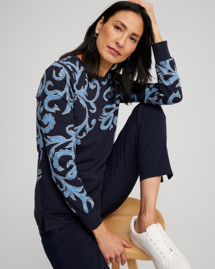 Chicos Zenergy Scroll Print Pullover - Classic Navy Chicos Zenergy Scroll Print Pullover - Classic Navy