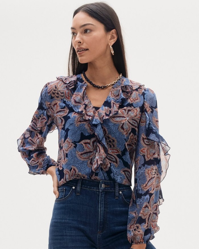 Chicos Ruffle Detail Floral Blouse - Ginger Rose Chicos Ruffle Detail Floral Blouse - Ginger Rose