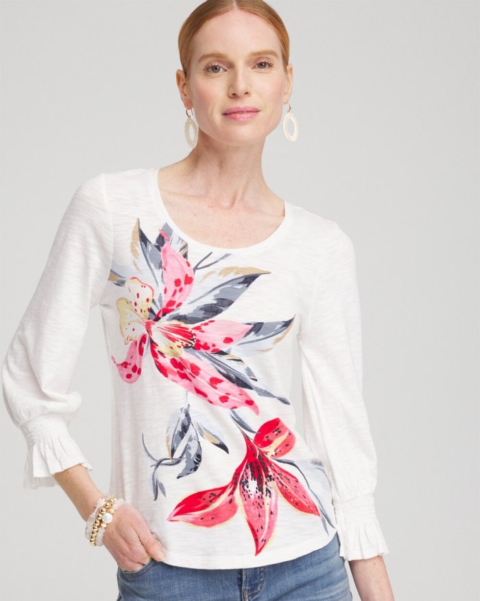 Chicos Lilies Smocked 3/4 Sleeve Tee - DELIGHTFUL PINK Chicos Lilies Smocked 3/4 Sleeve Tee - DELIGHTFUL PINK