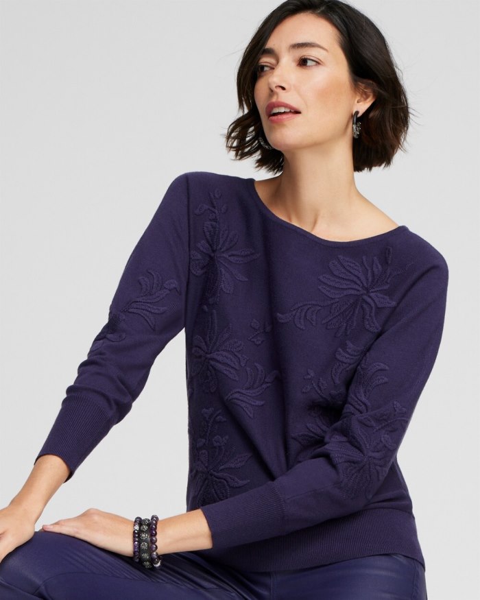 Chicos Purple Textured Floral Pullover Sweater - Dewberry Chicos Purple Textured Floral Pullover Sweater - Dewberry