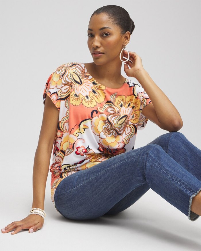 Chicos Touch of Cool Floral Banded Hem Tee - Mango Sorbet Chicos Touch of Cool Floral Banded Hem Tee - Mango Sorbet