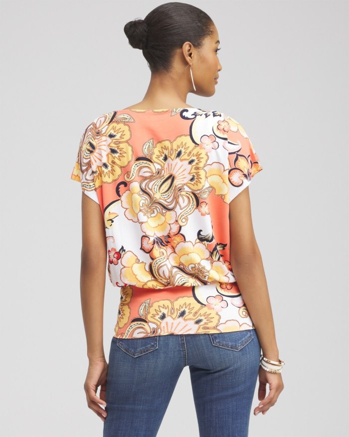 Chicos Touch of Cool Floral Banded Hem Tee - Mango Sorbet Chicos Touch of Cool Floral Banded Hem Tee - Mango Sorbet