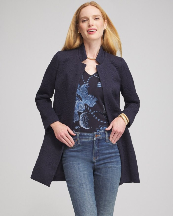 Chicos Floral Jacquard Knit Topper - Classic Navy Chicos Floral Jacquard Knit Topper - Classic Navy