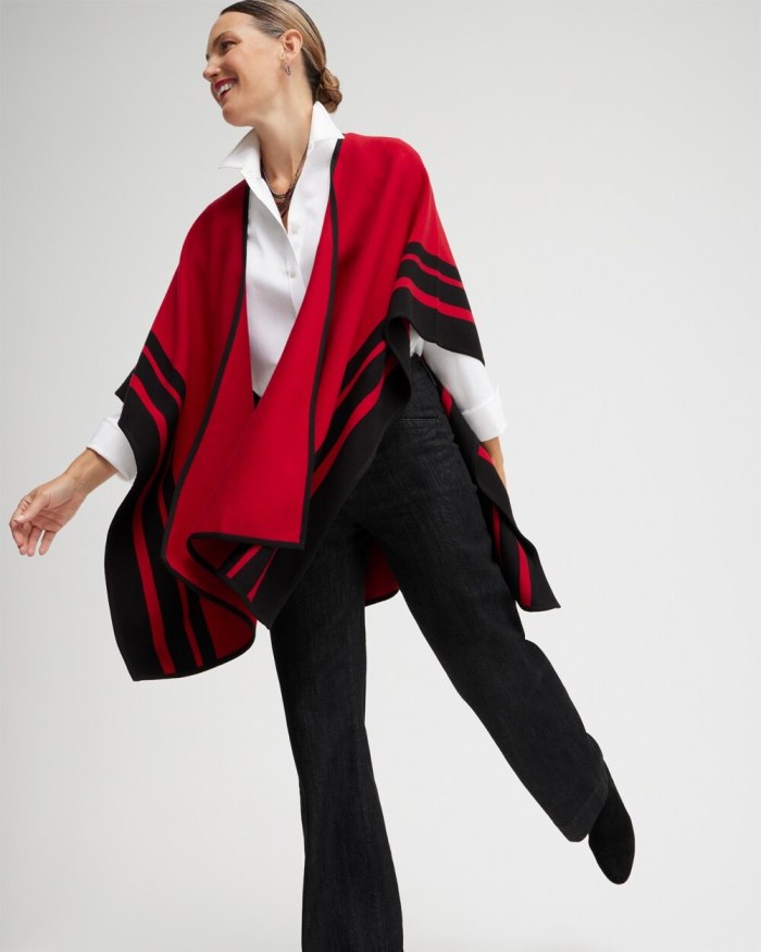 Chicos Red Stripe Border Ruana - Black Chicos Red Stripe Border Ruana - Black