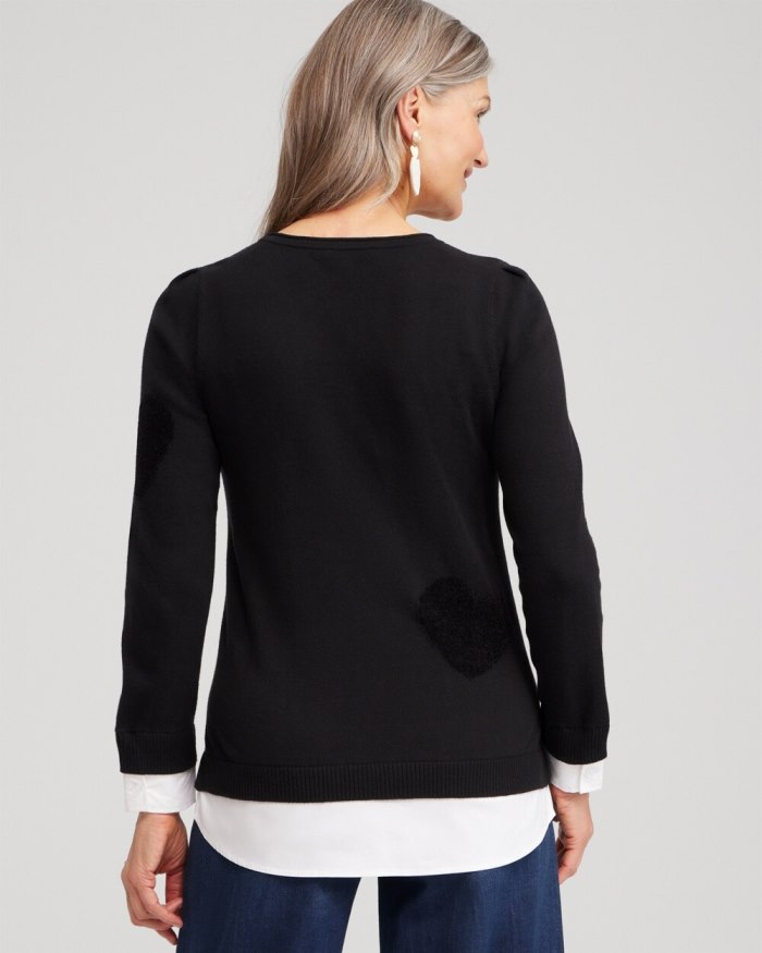 Chicos Heart Print Built-in Shirt Sweater - Black Chicos Heart Print Built-in Shirt Sweater - Black