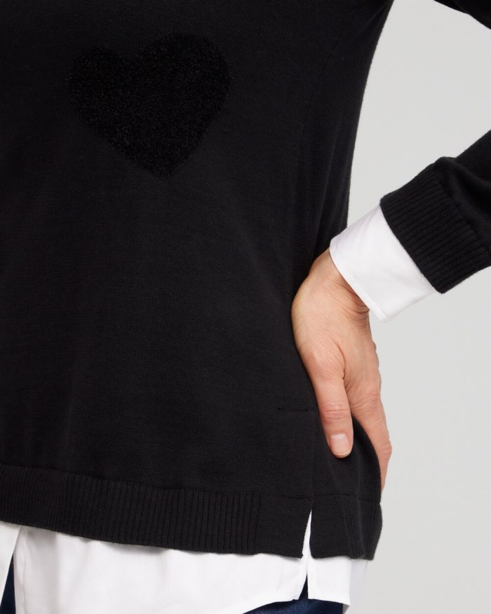 Chicos Heart Print Built-in Shirt Sweater - Black Chicos Heart Print Built-in Shirt Sweater - Black