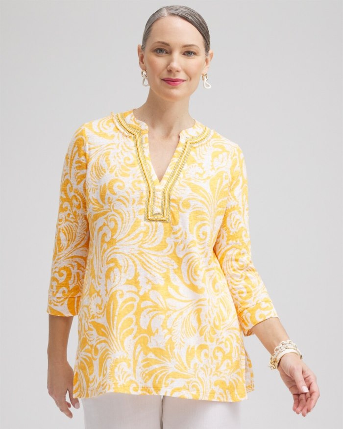 Chicos Linen Paisley Embellished Tunic - Mango Sorbet Chicos Linen Paisley Embellished Tunic - Mango Sorbet