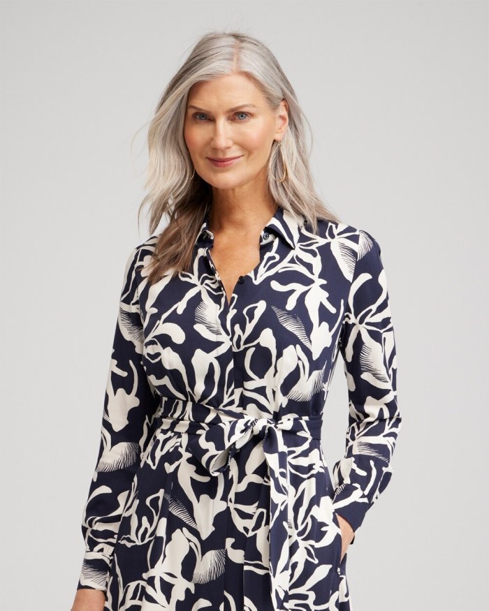 Chicos Twill Floral Shirt Dress - Classic Navy Chicos Twill Floral Shirt Dress - Classic Navy