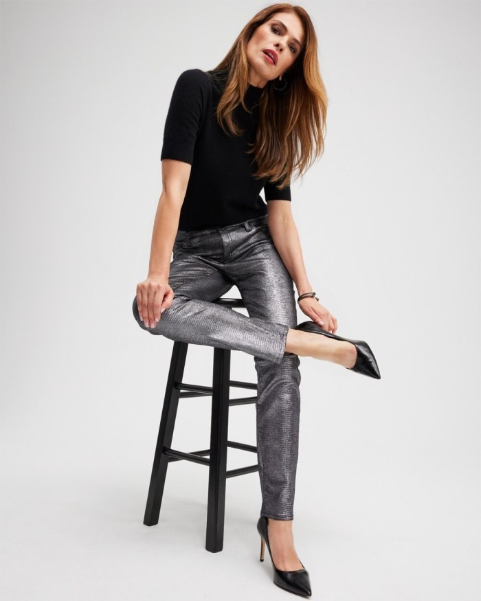 Chicos Girlfriend Coated Ankle Jeans - Gunmetal Black Croc Foil Chicos Girlfriend Coated Ankle Jeans - Gunmetal Black Croc Foil