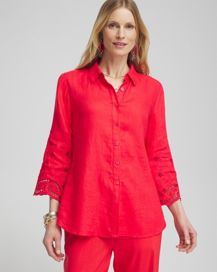 Chicos Linen Eyelet Sleeve Shirt - Watermelon Punch Chicos Linen Eyelet Sleeve Shirt - Watermelon Punch