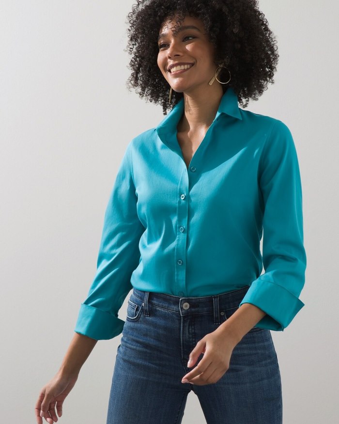 Chicos No Iron 3/4 Sleeve Stretch Shirt - Pagoda Blue Chicos No Iron 3/4 Sleeve Stretch Shirt - Pagoda Blue