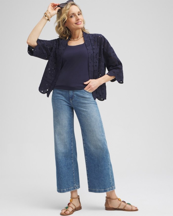 Chicos Eyelet Short Kimono - Classic Navy Chicos Eyelet Short Kimono - Classic Navy