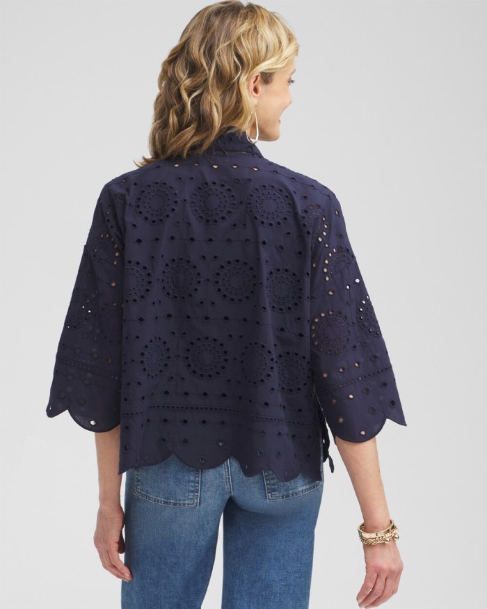 Chicos Eyelet Short Kimono - Classic Navy Chicos Eyelet Short Kimono - Classic Navy