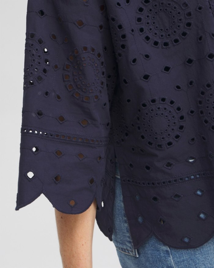 Chicos Eyelet Short Kimono - Classic Navy Chicos Eyelet Short Kimono - Classic Navy
