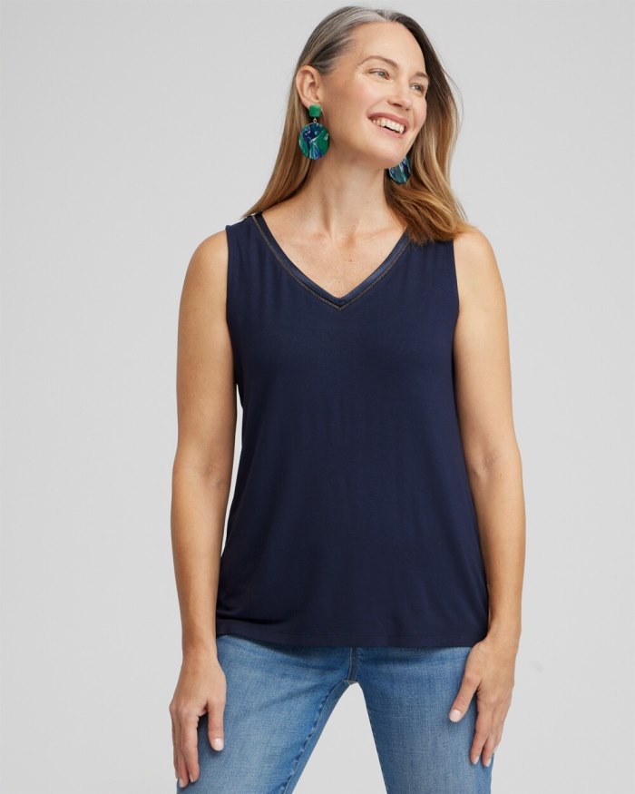 Chicos Touch of Cool Caviar Trim Tank - Classic Navy Chicos Touch of Cool Caviar Trim Tank - Classic Navy