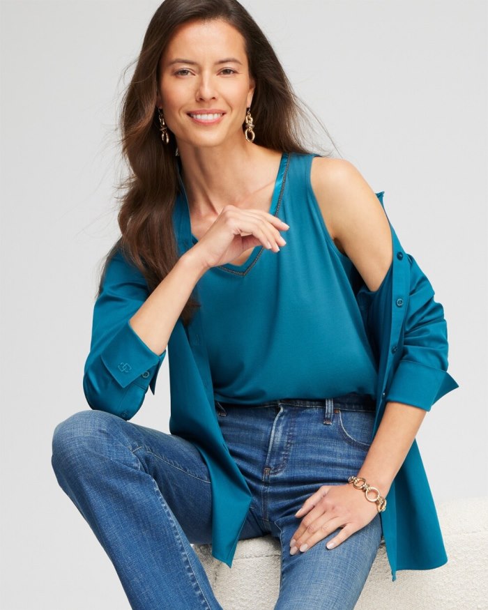 Chicos Touch of Cool Caviar Trim Tank - Classic Navy Chicos Touch of Cool Caviar Trim Tank - Classic Navy
