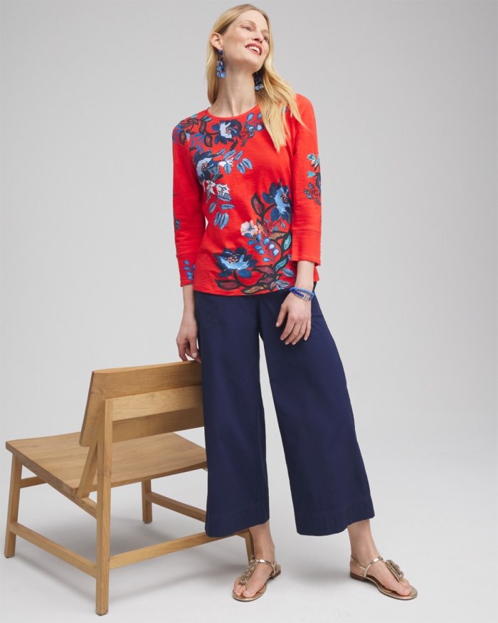 Chicos Floral 3/4 Sleeve Button Tee - Nectarine Chicos Floral 3/4 Sleeve Button Tee - Nectarine