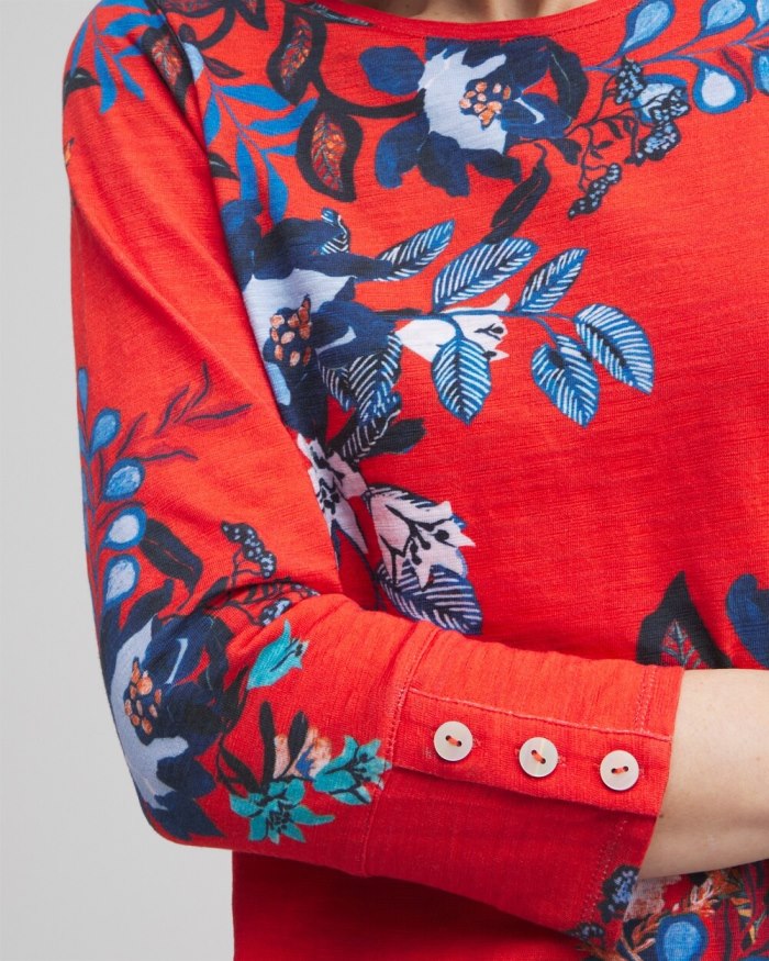 Chicos Floral 3/4 Sleeve Button Tee - Nectarine Chicos Floral 3/4 Sleeve Button Tee - Nectarine
