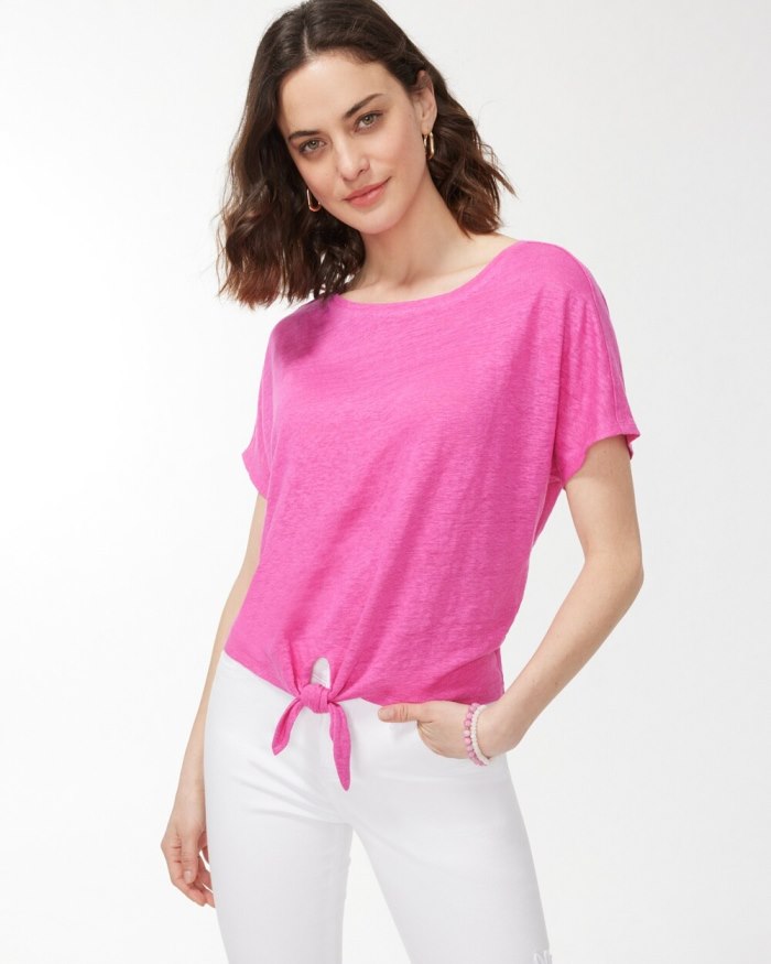 Chicos Linen Tie Front Tee - Bahamian Pink Chicos Linen Tie Front Tee - Bahamian Pink