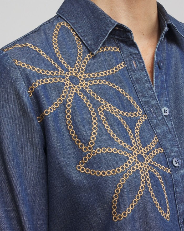 Chicos Twill Denim Eyelet Shirt - Deep Rapids Wash Chicos Twill Denim Eyelet Shirt - Deep Rapids Wash