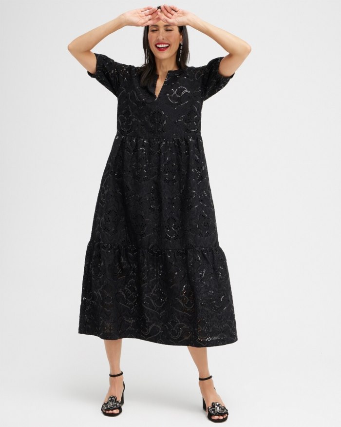 Chicos Sequin Eyelets Tiered Dress - Black Chicos Sequin Eyelets Tiered Dress - Black